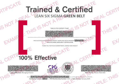 Lean Six Sigma Green and Black Belt example certificate for CSSC and IASSC